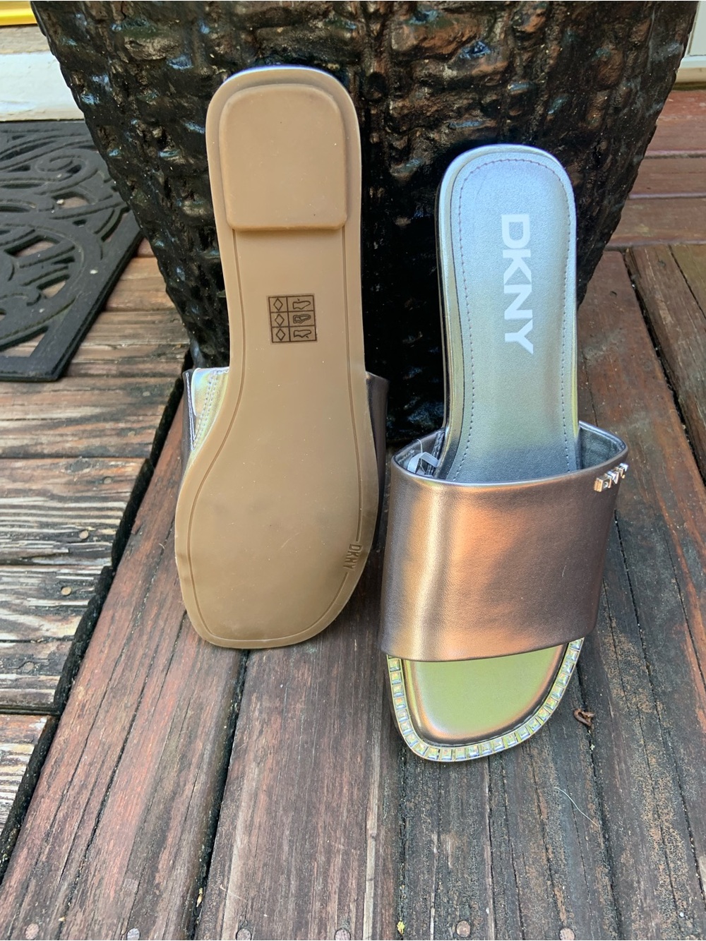 DKNY NWT Metallic Silver Slide Mules with Rhinestone Trim
Size 7.5 - Picture 6 of 7
